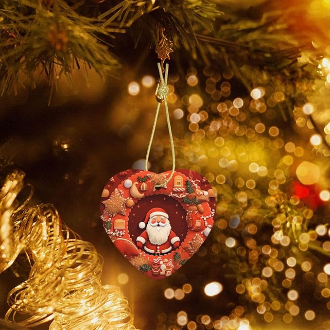 Christmas Wreath Santa Claus Cookies Christmas Ornaments, Christmas Decorations Xmas Tree Hanging Ornaments, Heart-Shaped Ceramic Festive Keepsake Gift for Christmas Decorations Holiday Home Party