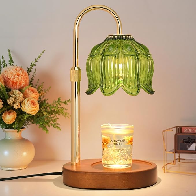 Candle Warmer lamp with Timer Dimmer,Electric Candle Warmer, Vintage Flower Lotus lamp,Compatible with Various Candles, Gifts for Mom Women,Candle Lamp for Bedroom Home Decor (Flower lamp-Green)