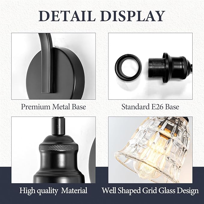 Blck Wall Sconce, Modern Matte Black Sconces Wall Lighting, Vintage Glass Light Fixtures, Indoor Wall Lamps for Bathroom Vanity Mirror Living Room Bedroom Kitchen Hallway Stairway E26 Hardwire