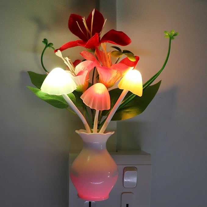 AUSAYE Plug-in Night Light with Auto Light Sensor,RGB LED Mushroom Night Light Wall Red Lily Flower Lamp for Adults Kids Nursery Room,Bedroom,Lounge,Bathroom,Stairs