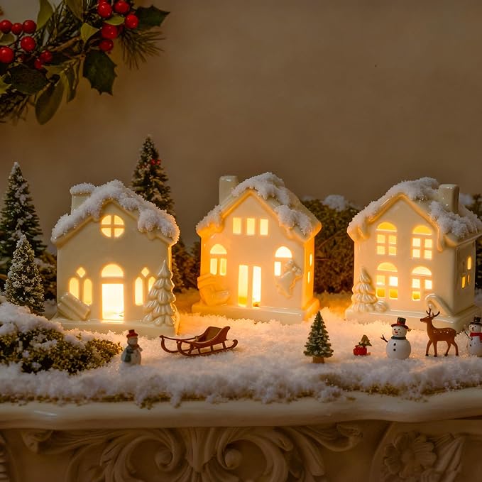 NEROSUN Ceramic Christmas Village Houses, 3Pcs LED Lighted Porcelain White Small House Tabletop Figurines, Light Up Christmas Decorations for Home Shelf Cabinet Table Winter Decor