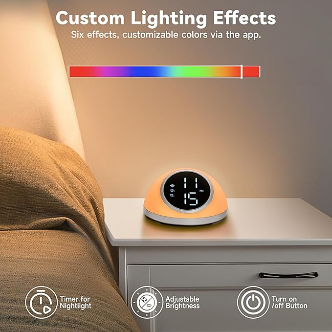 Alarm Clocks Bedrooms Sleep Sounds, Digital Dual Alarm Clock Bedroom, Bedside Alarm Clock Adjustable Brightness Button/App Control Night Light White Noises 12/24H Up to 10 Alarms, White