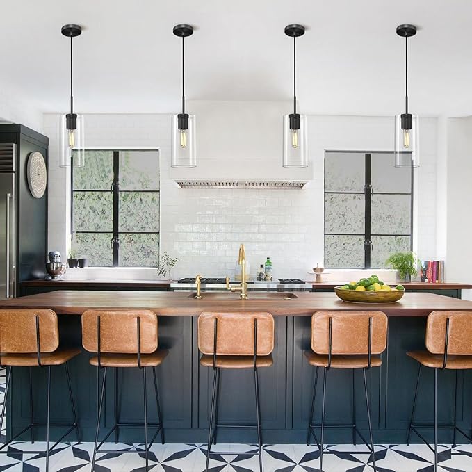 Modern Black Pendant Lights Kitchen Island Glass Pendant Light, 9.5'' Farmhouse Clear Glass Cylinder Pendant Light,Copper Kitchen Pendant Lighting Over Island Sink, E26 Bulb Included