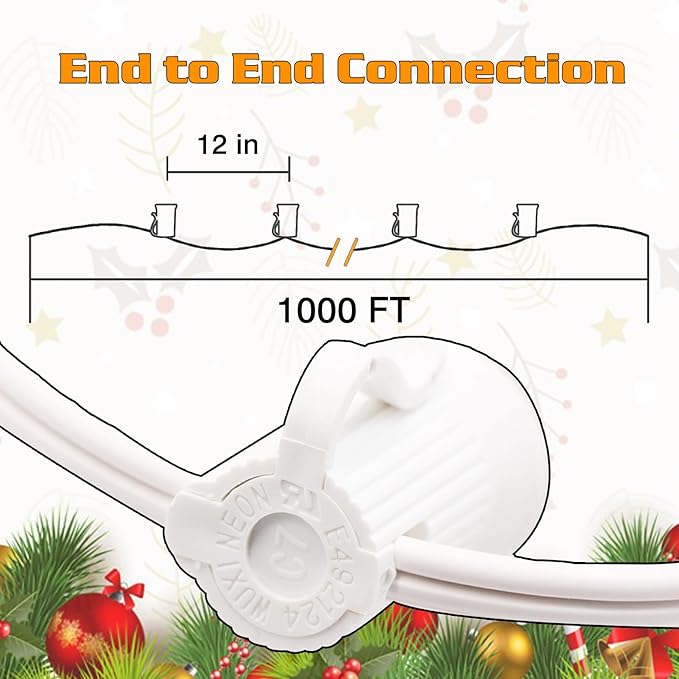 1000FT C7 Light String Christmas Stringer, E12 Christmas Sockets 12" Spacing, C7 Stringer Set Green Outdoor String Light for Wedding Patio Event Lighting Decor, White Wire