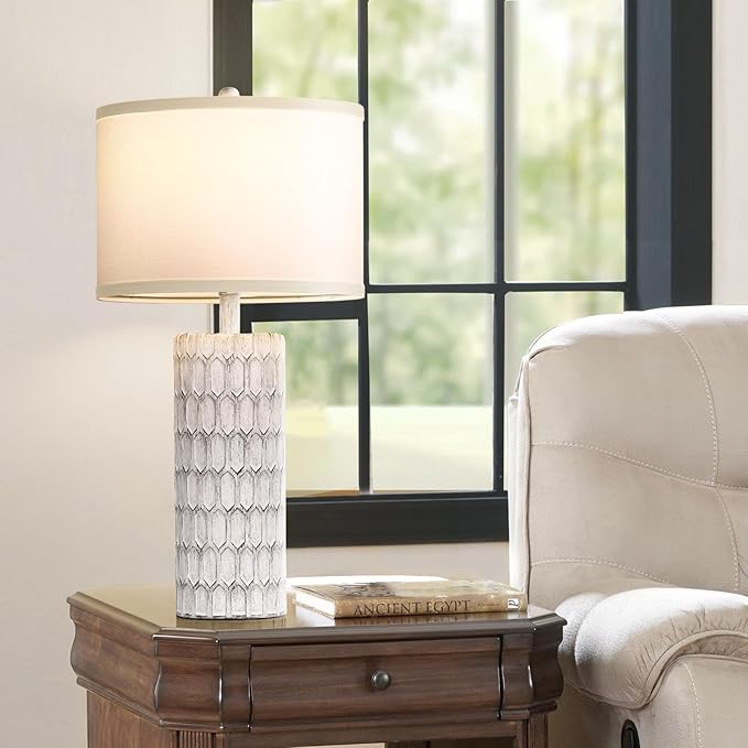 26" Farmhouse Table Lamps for Living Room Set of 2, Antique Traditional End Table Lamps for Bedroom Night Stand, White Shade Rustic Bedside Lamps with Grey-White Resin Body, Bulbs Included