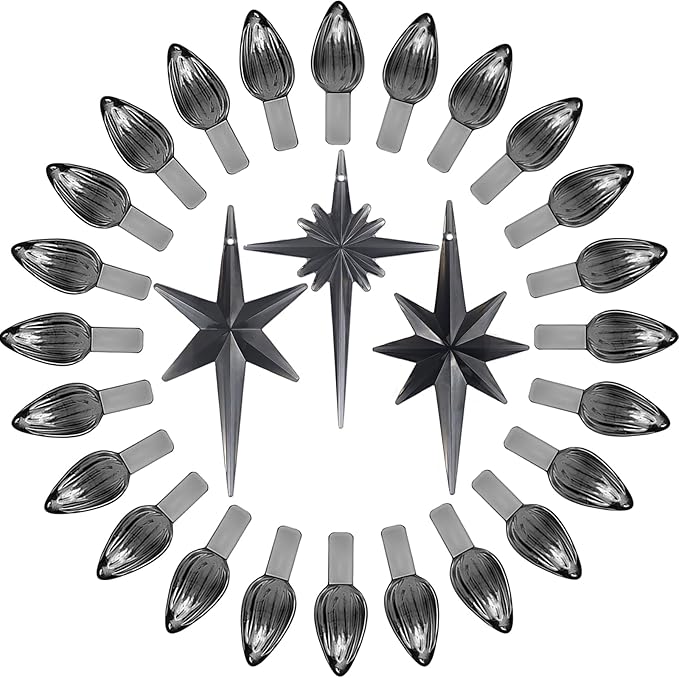 Ceramic Christmas Tree Replacement Lights Bulbs, Black Gray Medium Twist Plastics Pegs Ornaments for Ceramic Tree(87 Bulbs＆ 3 Topper Star)