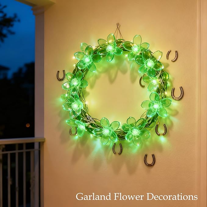 St. Patricks Day Flower String Lights, Decorative Green Cherry Blossom Floral Lamps Battery & USB Operated, 30 LED 10ft 8 Lighting Modes & Timer for Bedroom Classroom Christmas Party Decorations