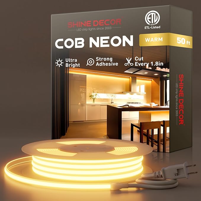 Shine Decor COB LED Rope Light AC 120V, 800lm Ultra Bright, IP65 Waterproof Cold-Resistant ETL Neon Strip, No Driver Tape Lighting for Home Commercial 10x4.5mm, 2800K Warm White, 50ft