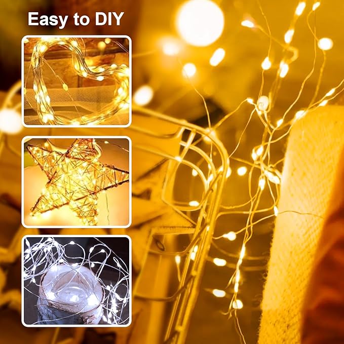 LED Fairy Lights Battery Operated 2 Pack, 16FT 50LED String Lights Silver Wire String Light Waterproof Cuttable Starry Fairy Light for Bedroom Easter Halloween Christmas Decoration (White+Warm)