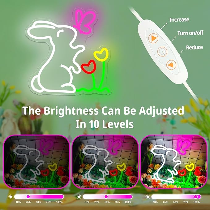Spring Bunny & Butterfly & Tulip Flower Neon Sign Dimmable Easter Bunny Led Sign Cute Spring Rabbit Neon Light Sign Easter Window Lights Gardening Gifts