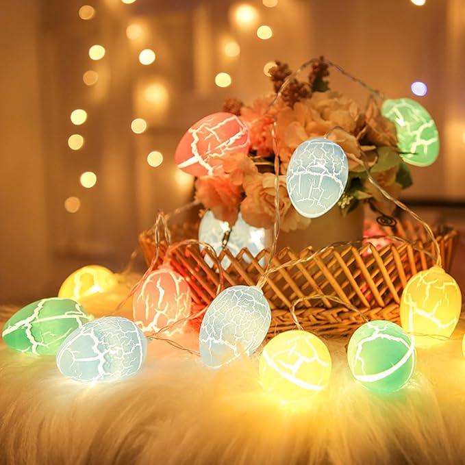 SWEETIME 20 Pcs Easter Egg Lights, 9.84 ft Cracked Egg String Light,Battery Powered Rainbow Lights for for Easter Decor