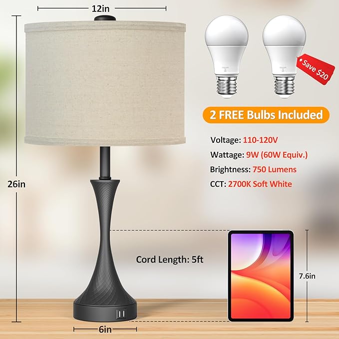 26" Black Touch Table Lamps for Living Room, Modern Farmhouse Touch Lamps for Night Stands Set of 2 with USB Ports, 3 Way Dimmable Bedside Lamps for Bedroom Side Table
