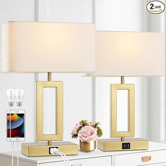 Gold Table Lamps Set of 2 with Dual USB Ports,3-Way Dimmable Touch Control Bedside Lamps,Modern Bedroom Table Lamp for Living Room,Nightstand LED Bulbs Included