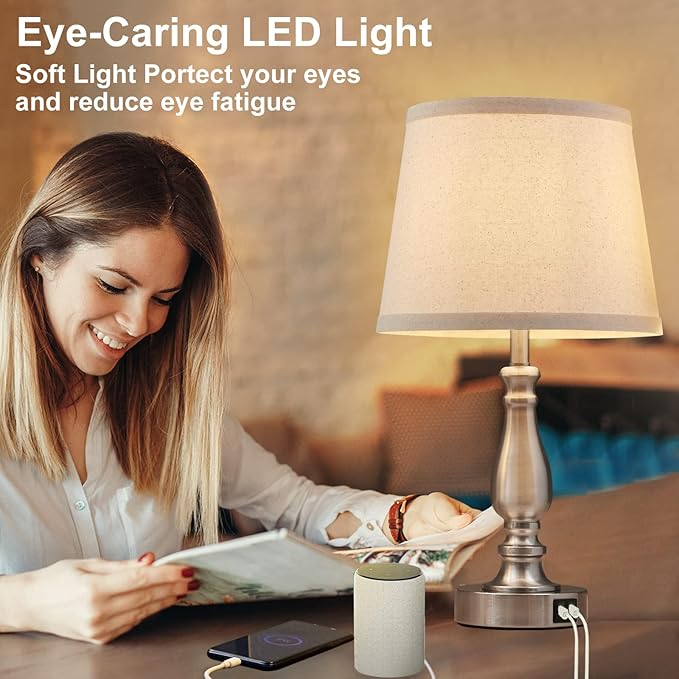 Lamps for Bedrooms Set of 2, Brushed Nickel Bedside Lamps with USB C+A Ports, 3 Way Dimmable Nightstand Lamps with Fabric Lampshade, Touch Table Lamp for Living Room Bedroom Office, Bulbs Included