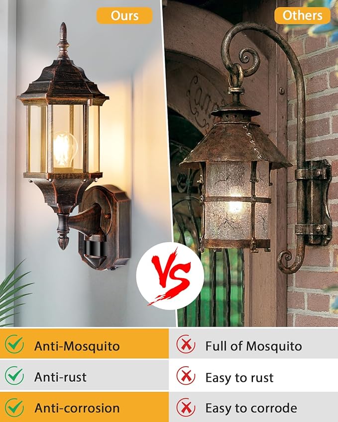Redluck Motion Sensor Outdoor Lights, 2 Pack 16 inch Dusk to Dawn Outside Porch Lights, Waterproof Anti-Rust Aluminum Outdoor Wall Lights for House, Garage, Front Door, Antique Black and Bronze Gold