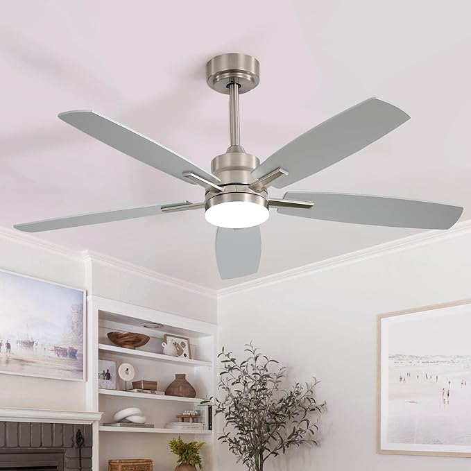 52" Remote Control Ceiling Fan with Light – 6-Speed Quiet DC Motor, Dimmable 3-Color LED, Flush Mount for Bedroom, Living Room, Dining Room,NICKEL