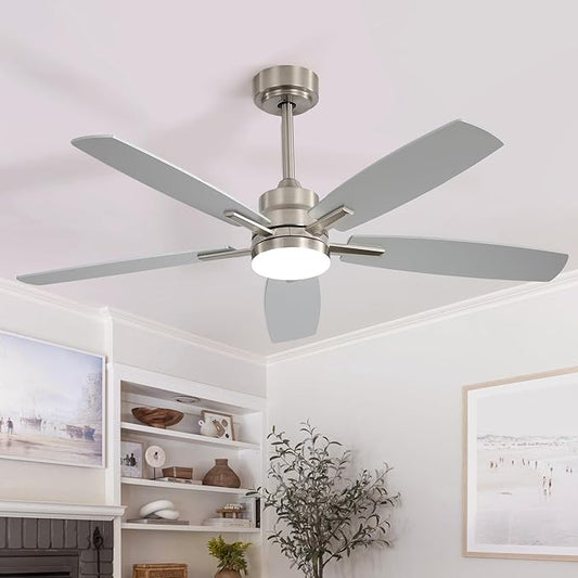 52" Remote Control Ceiling Fan with Light – 6-Speed Quiet DC Motor, Dimmable 3-Color LED, Flush Mount for Bedroom, Living Room, Dining Room,NICKEL