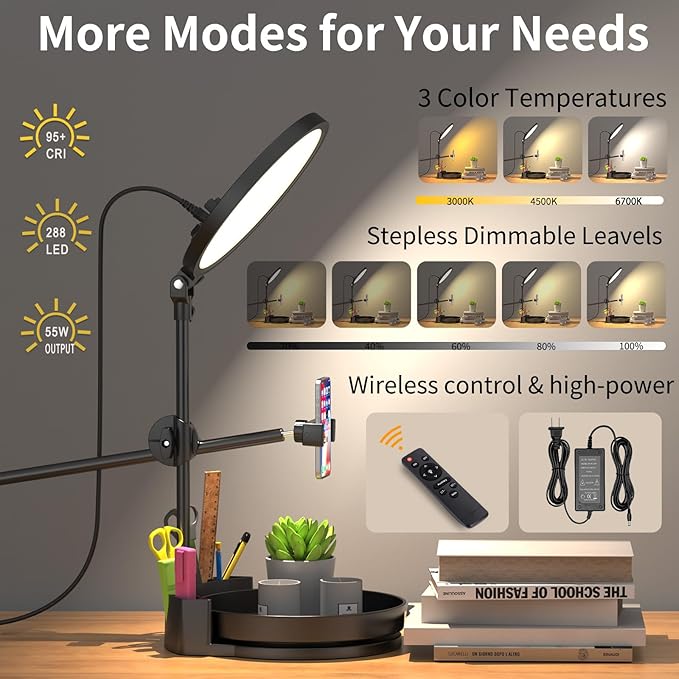 Desk Ring Light with Stand,55W Dimmable Full Screen Ring Light,with Rotating Storage Box,Pen Holder Stand,Phone Holder&Controller (White, 10.5)
