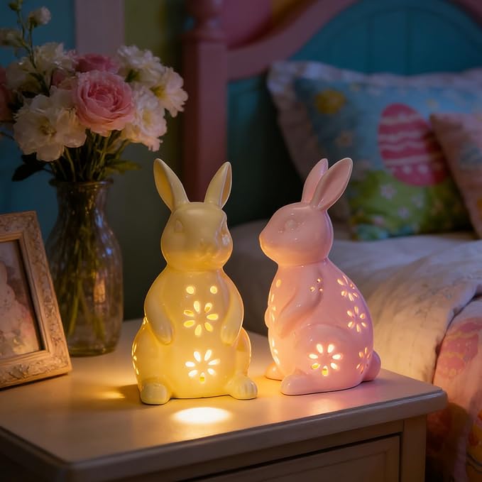WDS WONDROUS Easter Decorations Light Up Bunny Figurines - 2PCS LED Ceramic Rabbit Statues Decor with Floral Cut-Outs, Glowing Easter Spring Home Decor for Farmhouse Tabletop Shelf Sculpture