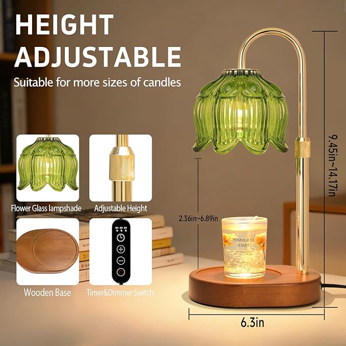 Candle Warmer lamp with Timer Dimmer,Electric Candle Warmer, Vintage Flower Lotus lamp,Compatible with Various Candles, Gifts for Mom Women,Candle Lamp for Bedroom Home Decor (Flower lamp-Green)