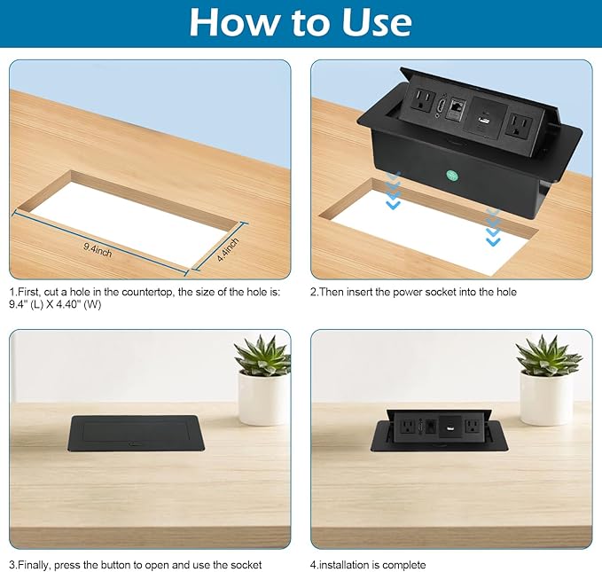 Table Pop Up Outlet,Automatic Pop up Strip Center countertop Socket Recessed Multimedia Strip Socket & USB+ 2AC+ LAN Network Connection Box Desktop HDMI for Conference Desk, Office, Hotel(Black-2)