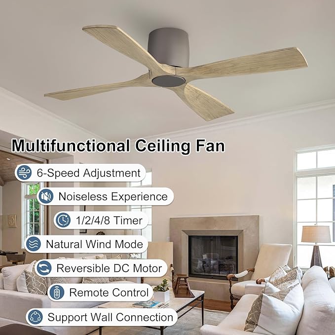 WINGBO Ceiling Fan no Light - 48 inch Solid Wood Flush Mount Ceiling Fan with Remote,4 Reversible Blades, 6-Speed Noiseless Powerful DC Motor, ETL Listed,Charcoal gray +light gray