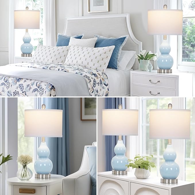 Double Gourd Ceramic Table Lamps Set of 2, Modern Blue Bedside Lamps for Night Stand, Contemporary Nightstand Lamps for Bedroom Living Room (Bulb Included)
