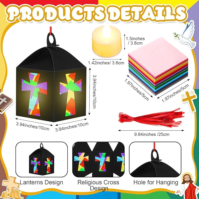 12 Sets Easter Crafts Religious Cross Crafts with LED Candle Light DIY Christian Cross Lantern Tissue Paper Kits Religious Hanging Ornament for Church Sunday School VBS Activities