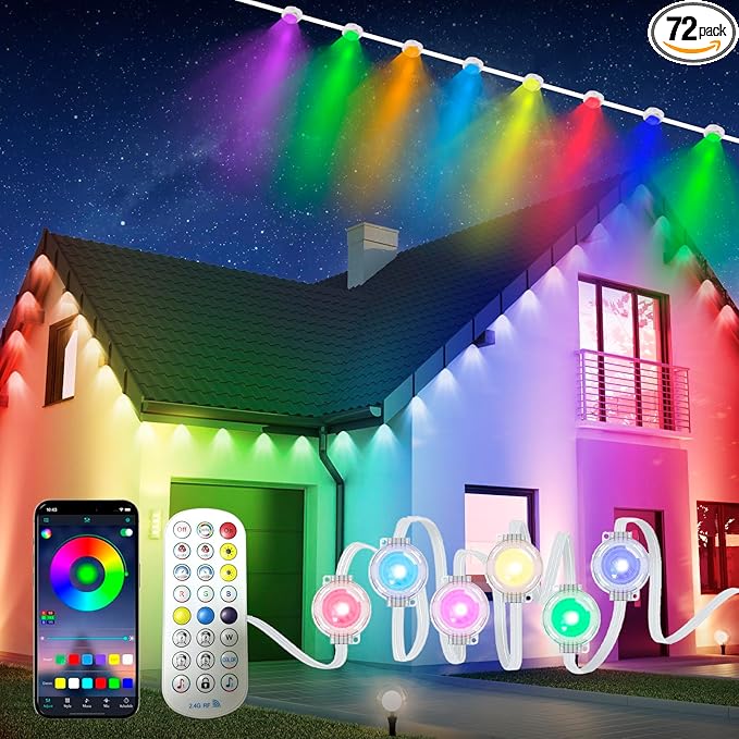 100ft Permanent Outdoor Lights with 4 Control Methods, RGB Smart Plus Outside Year Round Led Lights for Home, Roof, Balcony, 72 Led Bulbs/IP6 Waterproof/Work with Google Assistant/Alexa