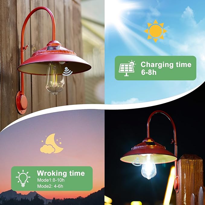 Solar Barn Light - Rustic Outdoor Lights for Patio Yard Garage Chicken Coop Shed & Farmhouse，Waterproof Wireless with Motion Sensor Mode (Red)