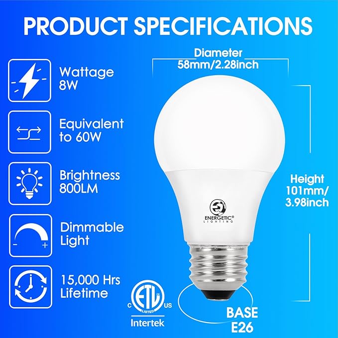 E ENERGETIC LIGHTING Dimmable LED Light Bulbs, 60W Equivalent, Daylight 5000K, 8W 800 Lumens LED Bulbs, E26 Base Standard Light Bulbs, ETL Listed, 20 Packs