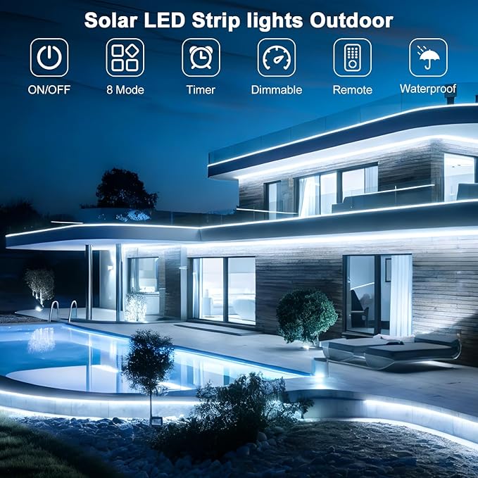 Upgrade Solar Led Strip Lights Outdoor, 20ft Solar Rope Lights Self-Adhesive Waterproof, 8 Mode with Remote Timer and Auto On/Off, Perfect for Deck, Patio, Poolside, Camping Decor, Cold White