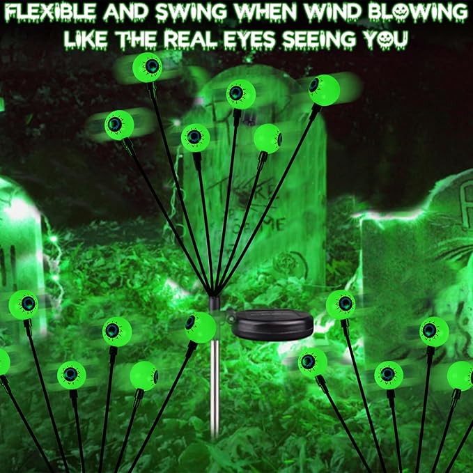 2025 Upgraded 6 Pack Halloween Decorations Outdoor, Green Solar Eyeball Lights, 36 LED Eye Balls Swaying Firefly Light Waterproof (Soft Glowing or Steady on) for Garden Lawn Pathway Grave Yard Decor