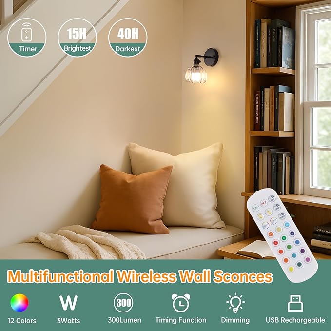 Vintage Battery Operated Wall Sconce with Cute Transparent Tulip Glass Lampshade Wireless Rechargeable Battery Powered Black Wall Light with Remote Control for Bedside Bedroom Doorway