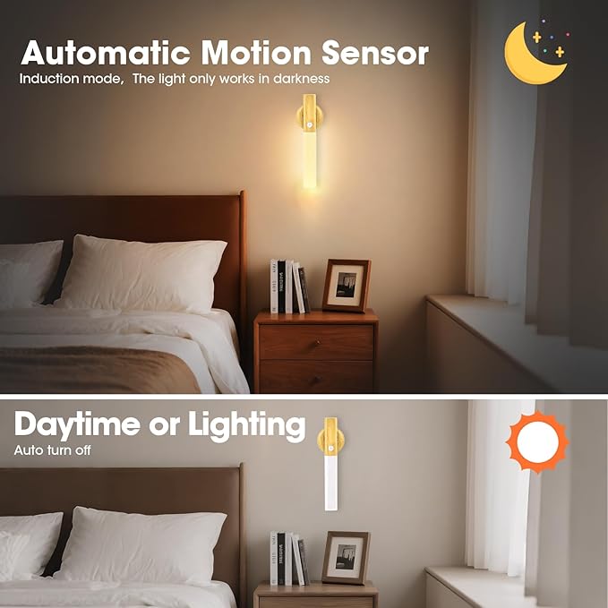 LAVAED Motion Sensor Lights Indoor,LED Rechargeable Battery Operated Wall Sconce Magnetic Stairway Night Light Wireless Portable Decor Lighting for Bedroom, Hallway, Picture,3000K Round Base