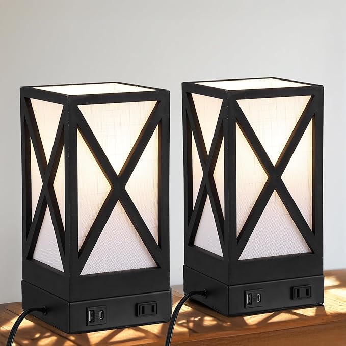 Table Lamp, Set of 2 Rustic Farmhouse Nightstand Lamps, 3 Color Temperatures Desk Lamp with USB Charging Ports AC Outlet Vintage Lamp for Living Room Bed Room, Black