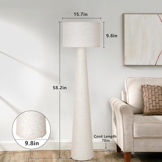 Boho White Floor Lamps for Living Room, Dimmable Standing Lamp with Remote and Bulb, Mid Century Column Tall Lamp with Fabric Shade, 3 Color Temperatures, Farmhouse Stand Up Light for Bedroom