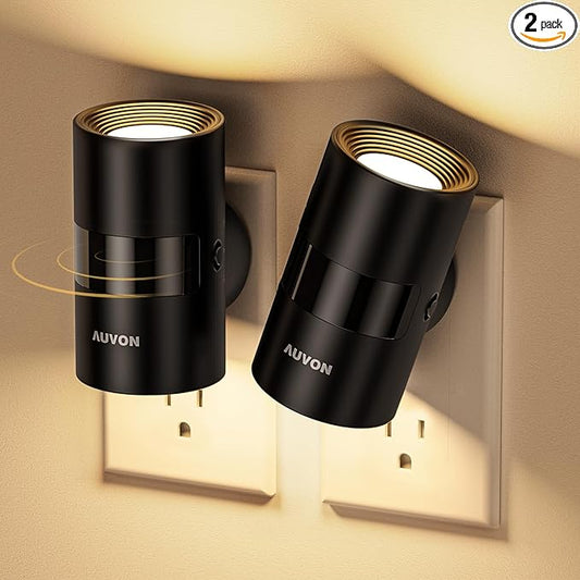 AUVON LED Night Lights Plug into Wall, Dimmable Night Light with Motion Sensor, Dusk to Dawn Sensor & Rotatable Design, 1-100LM Adjustable Brightness Warm White for Bedroom, Hallway, 2-Pack