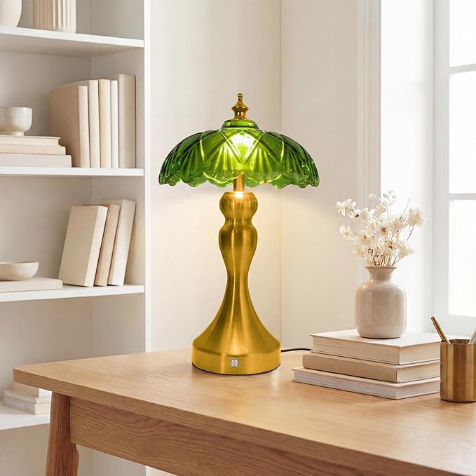 Cordless LED Table Lamp with Glass Shade, 3-Level Brightness & 3 Color Temperatures Touch Control, Rechargeable Portable Bedside Lamp for Nightstand Bedroom Living Room (Green)