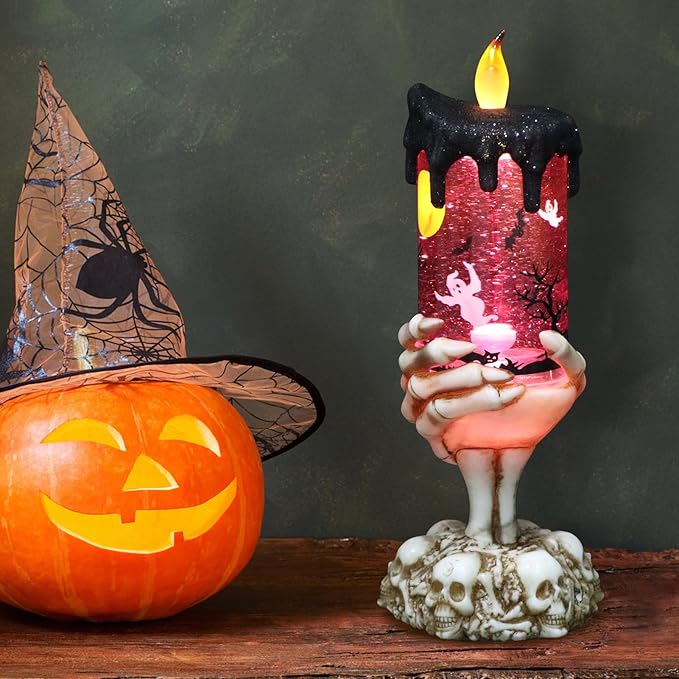 DRomance Halloween Snow Globe Flameless Candle with Timer, Battery Operated Tornado Lamp Skeleton Hand Candle Holder Purple Light Glittering Spinning Water Halloween Table Decor(Ghost, 4" x 10")