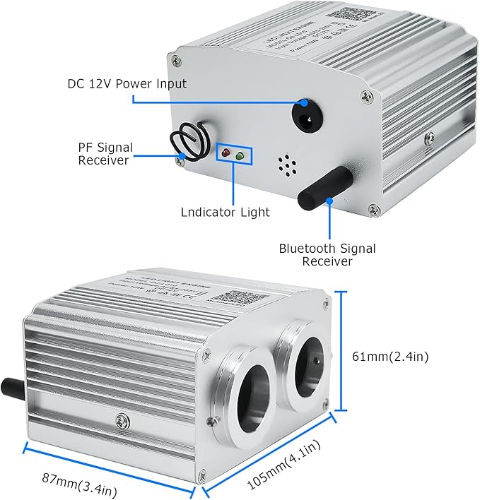 AZIMOM Dual Port 16W Twinkle Fiber Optic Starlight Box Sound Activated RGBW Fiber Optic Light Source APP/Remote Control Dual Head Light Engine Driver for Car Home Ceiling Star Lighting Decor