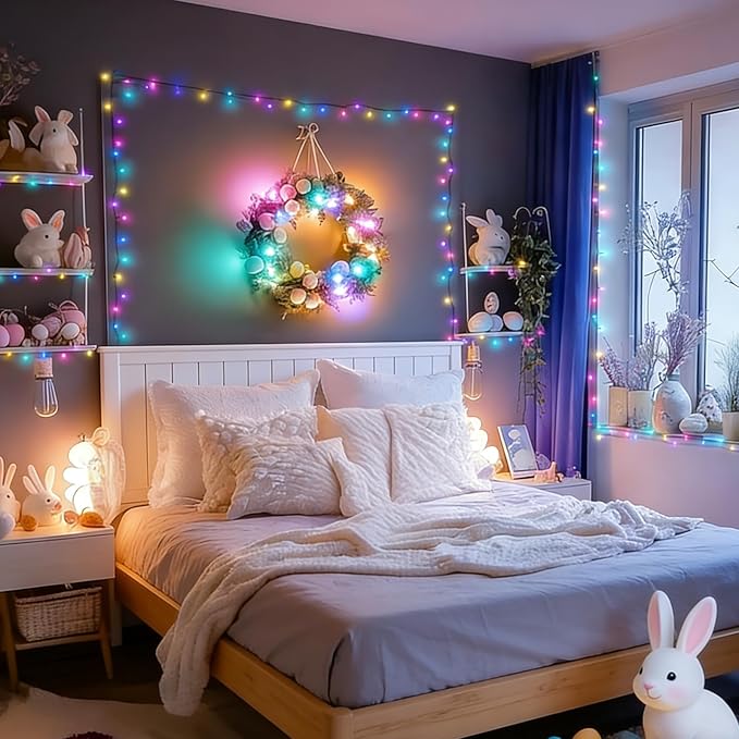LAMPHOME Pastel Easter Lights String, Multicolor Christmas Mini Light, 32.5FT 100 LED with 16 Light Modes Green Wire, Fairy Lights Plug in for Outdoor Xmas Trees Garland Wreath Holiday Decorations