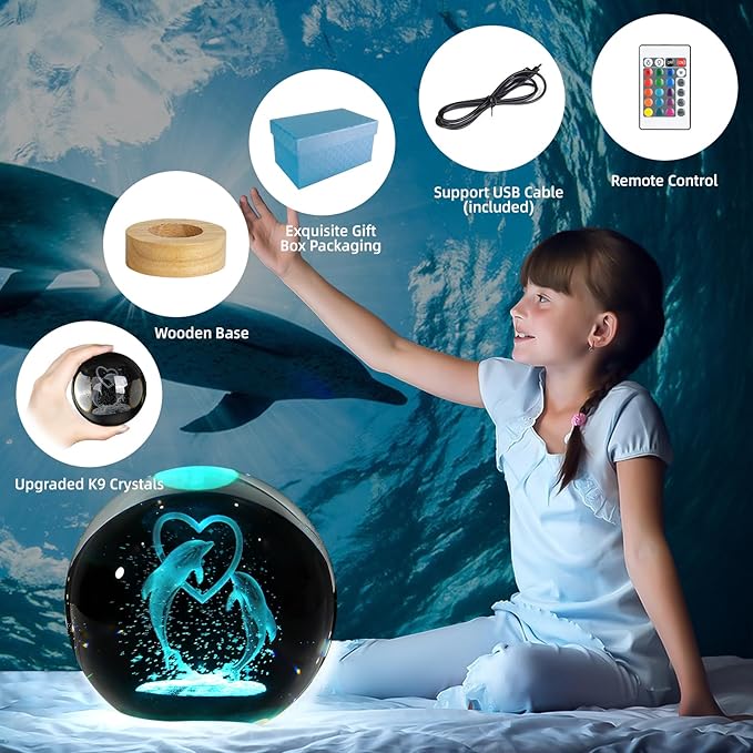 3D Dolphin Crystal Ball Night Light, Upgraded 3.15 Inch Glass Ball Lamp with 16 Color LED Wooden Base, Dolphin Decor Birthday Holiday Christmas Gifts for Boys Girls Friends