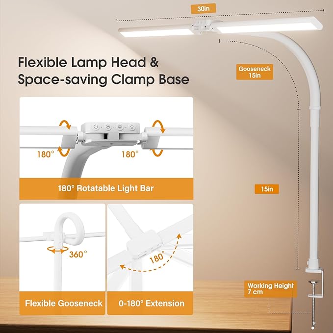 LED Desk Lamp for Home Office - Dimmable Computer Desk Light with Clamp, Modern Architect Task Lamp with Color Changing, Flexible Desktop Lamp with Gooseneck for Monitor, Double Head, White