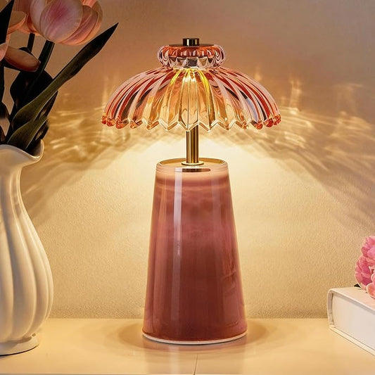 MJ PREMIER Cordless Lamp, Battery Operated Lamp with Timer, Crystal Glass Flower Lampshade, Small Table Lamps, Decorative Led Light for Bedroom Living Room Shelf (L-Pink)