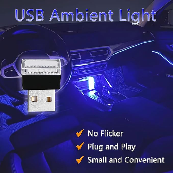 2 Pcs USB LED Car Interior Atmosphere Lamp, Night Light LED Decoration Light Ambient Lighting Kit Interior LED Lights, Portable Vehicle Ambient Lighting Kit for All Car Interior Accessories (Blue)