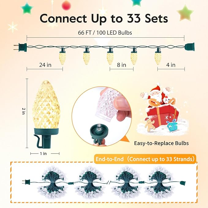 Brightown C9 LED Christmas String Lights, 2 Pack Total 132ft 200LED