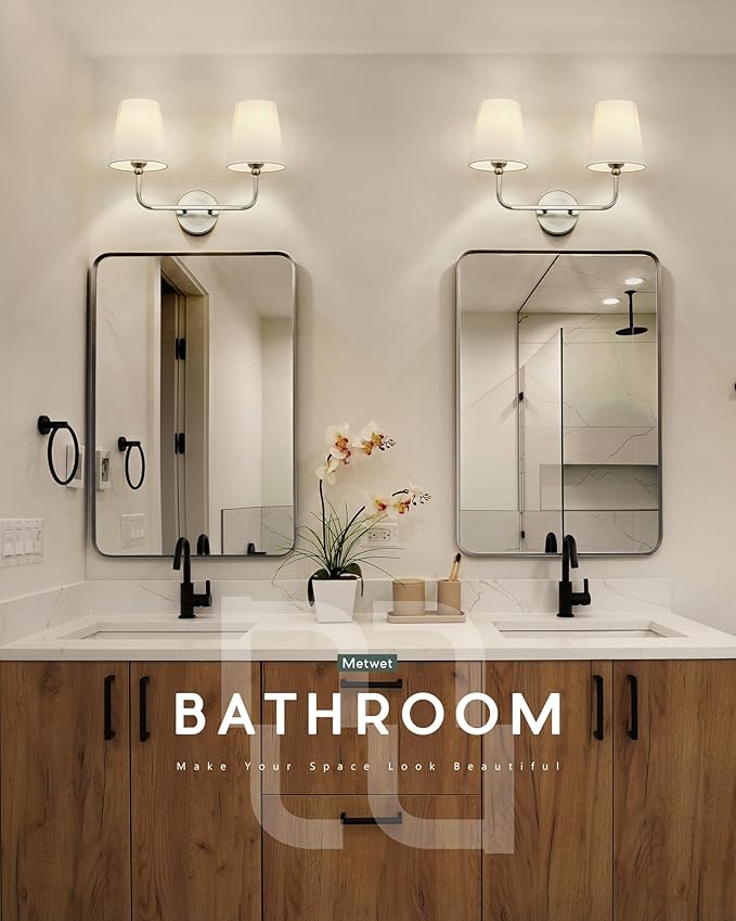 2-Light Bathroom Light Fixtures, Brushed Nickel Vanity Lights, Double Wall Sconce with Flared White Fabric Shade, Modern Sconces Wall Lighting for Hallway Bedroom Stairway, VL837-BN-2