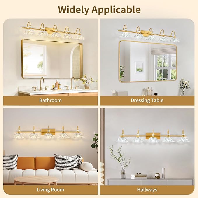 Gold Bathroom Vanity Light, 5-Light Brushed Gold Finish Vanity Light with Floral Clear Glass Shades, Vintage Wall Mount Lighting for Bathroom, Dressing Table