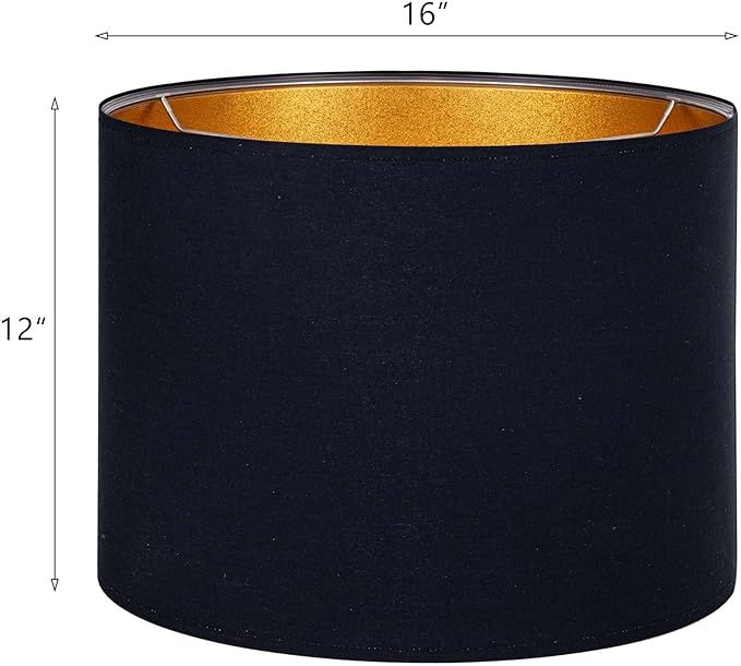 Wellmet Blackgold Set of 2 Drum Lampshades, Easy Assembly Required 16" Top x 16" Bottom x 12" High Replacement Lamp Shades, Fabric Lampshades for Table Lamps Floor Lamps, Metal Spider Fitter